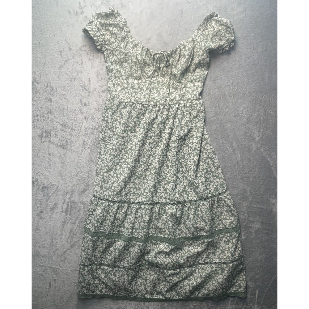 Blush M White & Sage Floral Off Shoulder Fit Flare Peasant Dress Summer Boho EUC